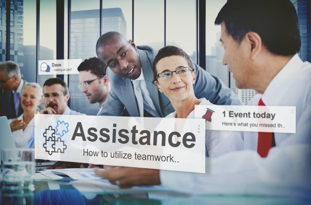 help conference alerts assistance businessmen giving